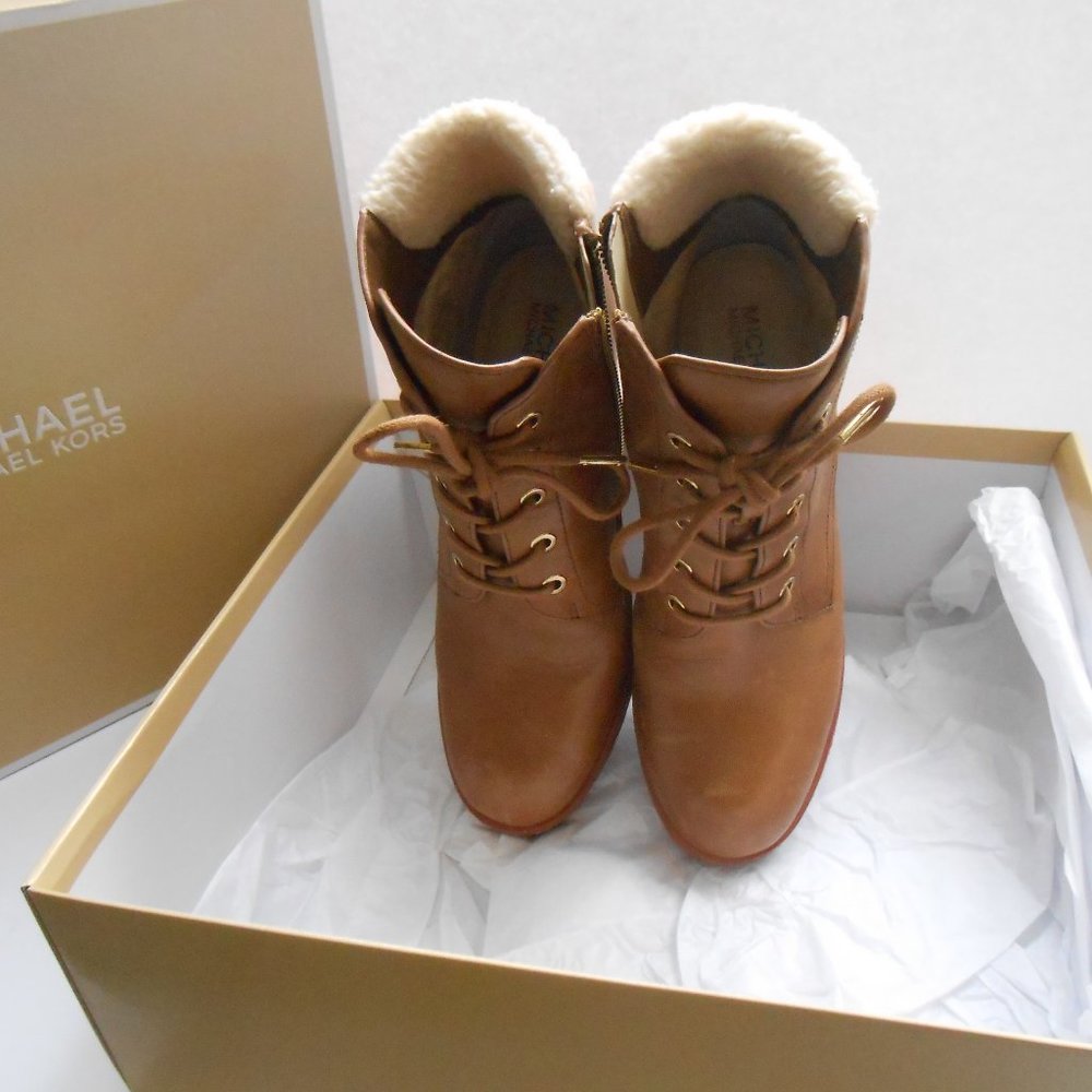 Michael Kors Kim Lace Up Bootie  Caramel Color with White Faux Fur Trim